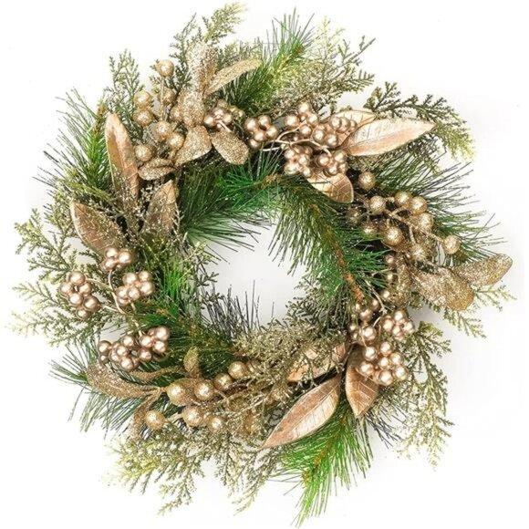 Christmas Pine Wreath ,16 Inch Front Door Wreath with Gold Berry Leaves - Picture 1 of 7